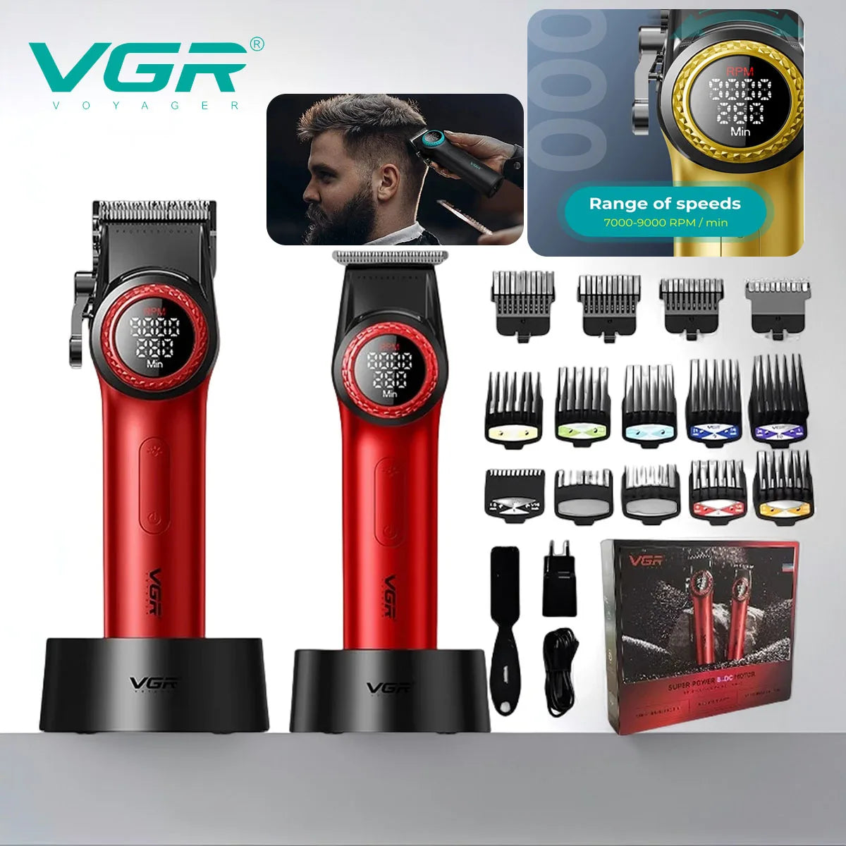 Tondeuse cheveux professionnelle VGR – Pack barbier complet sans fil